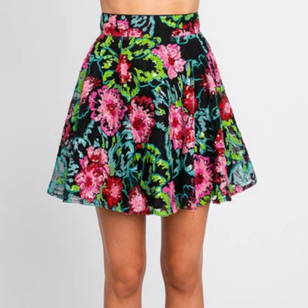 Multi Color Floral Sequin/Embroidered Floral Mesh Skirt